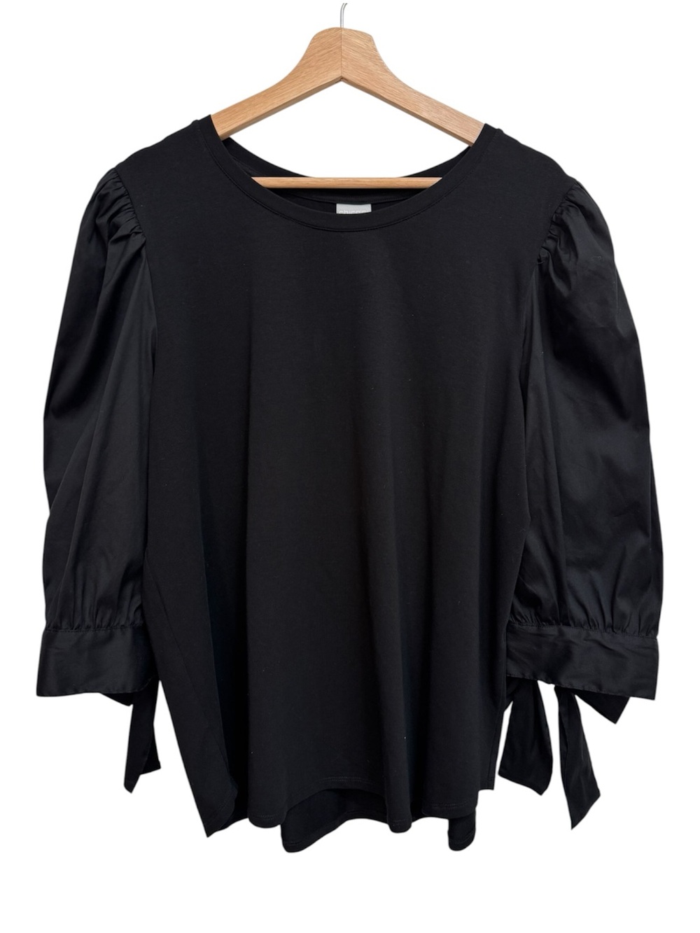 Chico’s Puff Sleeve Mixed Media Blouse Top Bow Ties Cuffs Minimalist Chic XL
